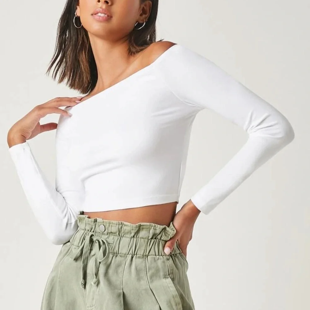 S 90s off the shoulder long sleeve crop top white - Picture 2 of 12